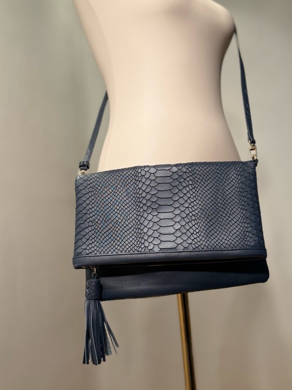 Gigi New York Navy Textured Crossbody Bag with Tassel